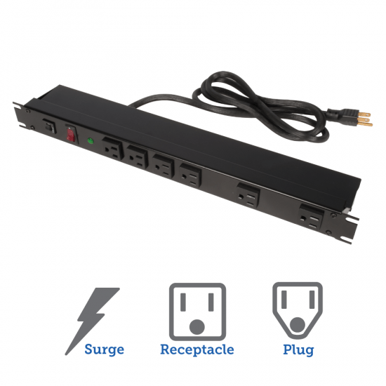 15A Horizontal Power Strip, Front 6 Outlets w/ Surge, 15ft Cord (mobile image)