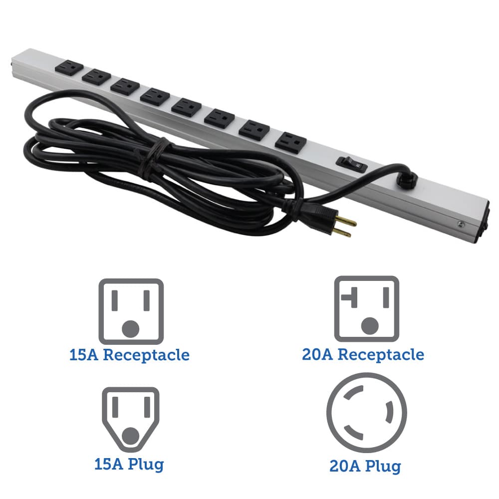 15A Horizontal Power Strip, Right Angle Rear Outlet, 6ft Cord